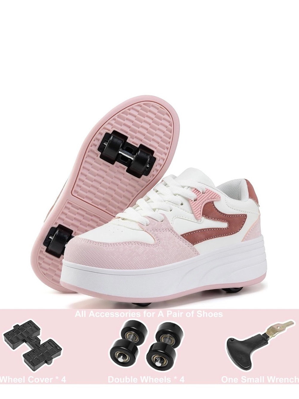 Kids Pink White Heeled Roller Shoes with Removable Wheels